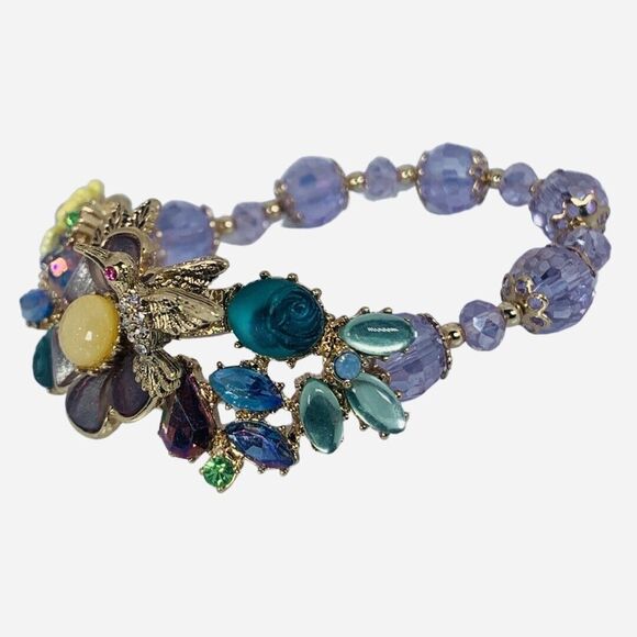Betsey Johnson Hummingbird Flower Bracelet 7" Icy Crystal Spring Ahead VTG - Picture 7 of 10